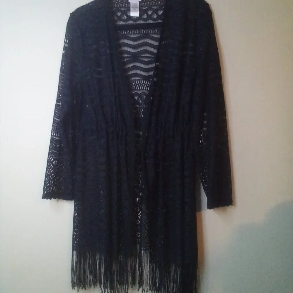Dotti Cardigan Sweater Women S Long Sleeve Fringe Lace Open Tie Front Black